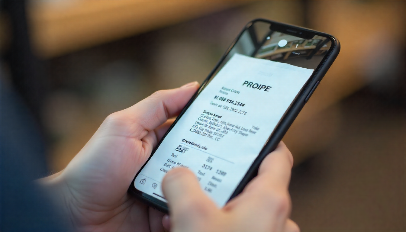 Hand holding a receipt to scan with a smartphone